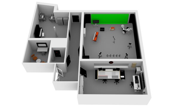a 3d visualisation of the LARM-studio, looking from above. Control room, recording studio with green screen and storage rooms.