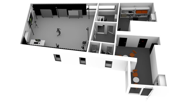 A 3d visualisation of the mocap studio, looking from above. Showing control room, studio with cameras and a small figure in the middle.