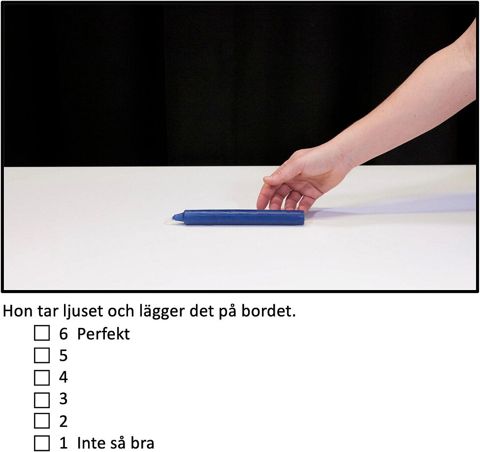 hand hovering över a blue candle lying flat on a whithe surface. Black background. Under the picture there is a question and some answering boxes to check.