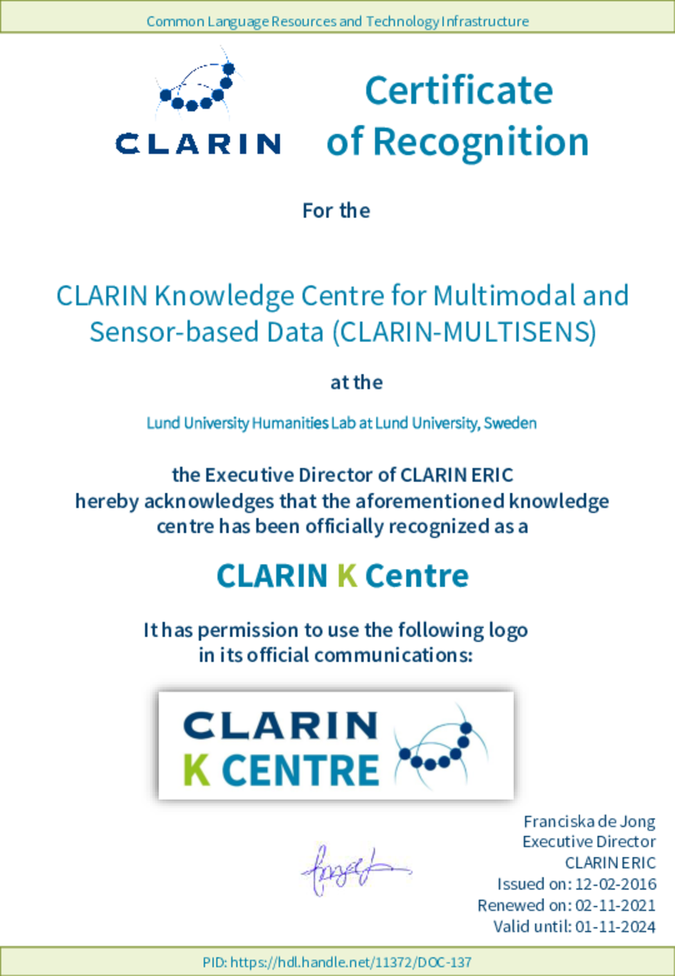 Clarin K Centre certificate