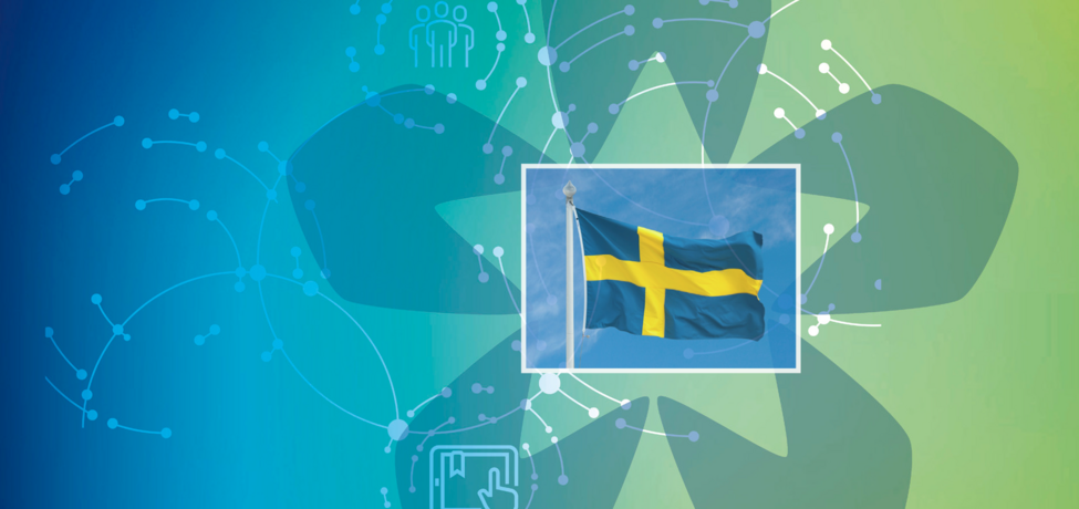 blue and green background with a small swedish flag in the center of the DARIAH logo