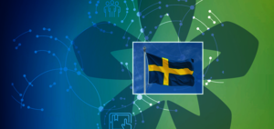 blue and green background with a small swedish flag in the center of the DARIAH logo