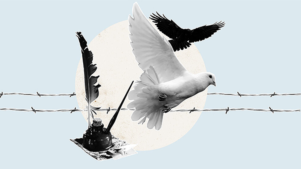 one white and one black bird flying in front of barbed wire and writing utensils on a blue background