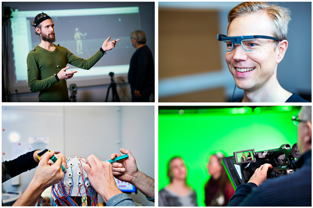 picture divided into four equal parts: one with a man with motion capture markers, one with a mans head with eye tracking glasses, one is a close up on two sets of hands and a eeg cap and one blurred with two persons standing in front of a green screen.