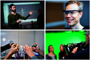 four different pictures in one: showcasing motion capture, eyetracking glasses, eeg cap, videorecording