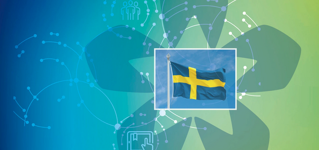 green and blue background with a swedish flag on it in the middle of a flower-like logo