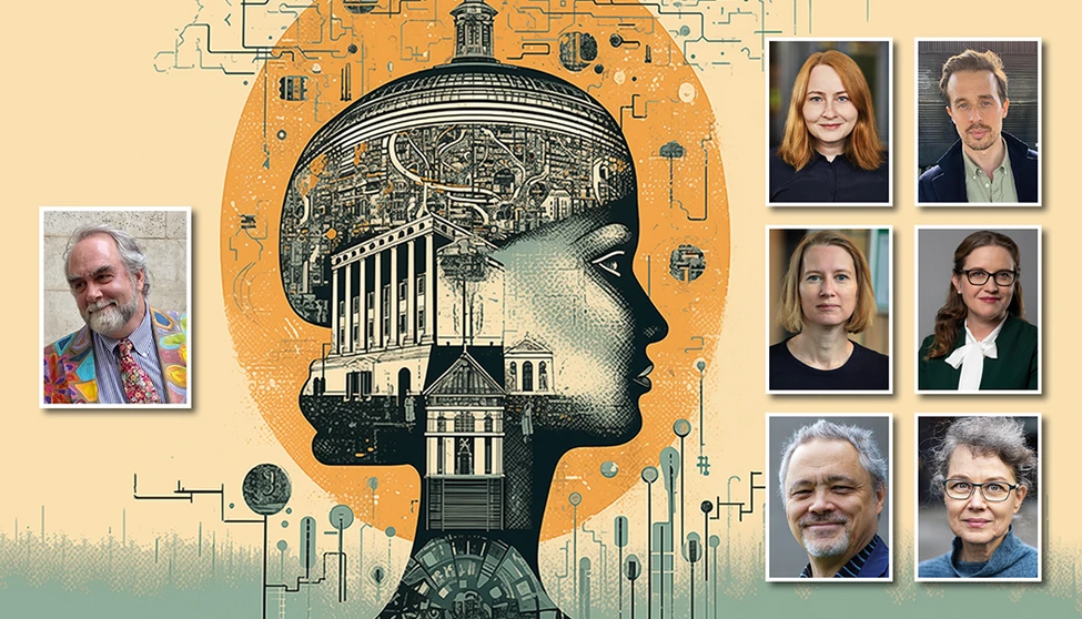 poster with a artful head consisting of different circuits and buildnings etc, together with 7 portraits of participants in the talk